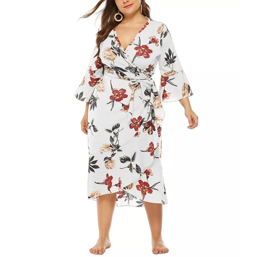 Front Tie Surplice Bohemian Floral Bell Sleeve V-Neck Uneven Hem Wrap Dress XL